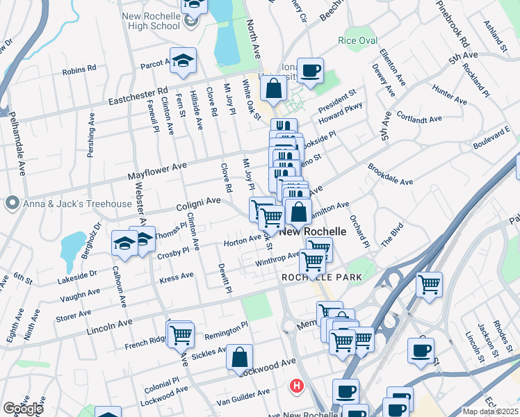 map of restaurants, bars, coffee shops, grocery stores, and more near 21 Mount Joy Place in New Rochelle