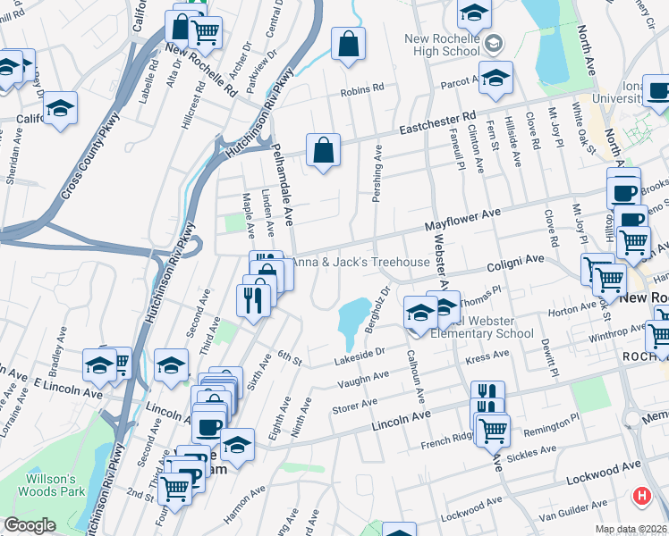 map of restaurants, bars, coffee shops, grocery stores, and more near 10 Gloucester Place in New Rochelle