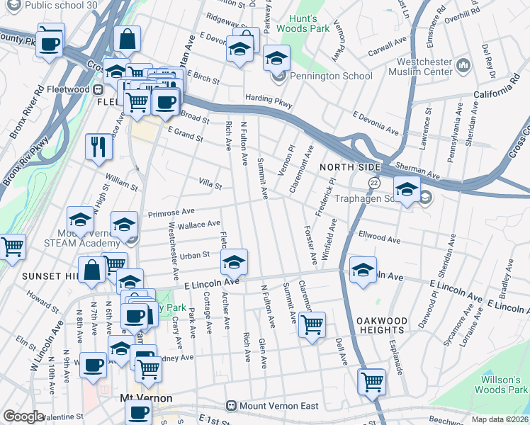 map of restaurants, bars, coffee shops, grocery stores, and more near 296 Summit Avenue in Mount Vernon