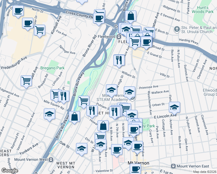 map of restaurants, bars, coffee shops, grocery stores, and more near 506 Locust Street in Mount Vernon