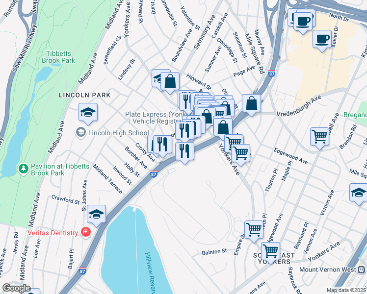 map of restaurants, bars, coffee shops, grocery stores, and more near 19 Clark Street in Yonkers