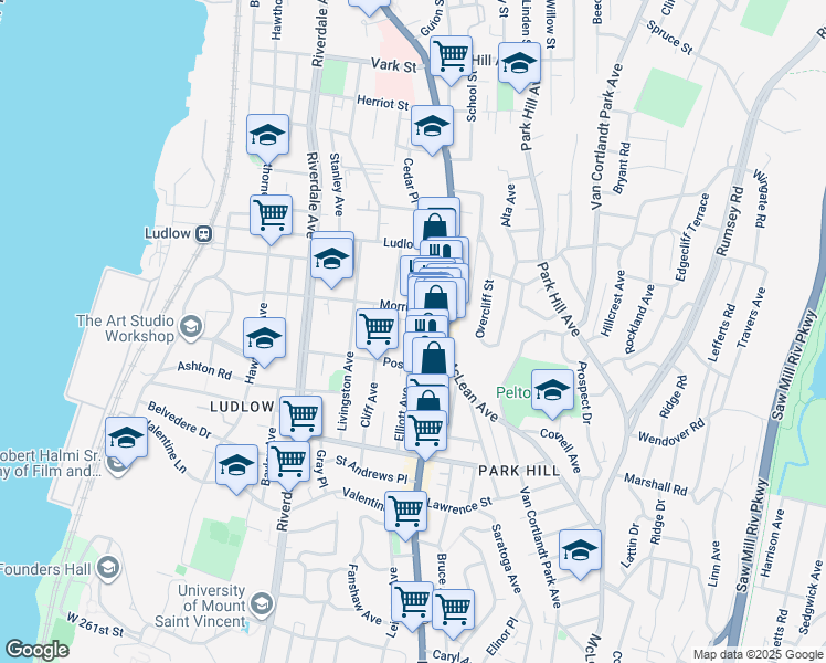 map of restaurants, bars, coffee shops, grocery stores, and more near 34 Morris Street in Yonkers