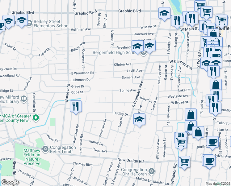 map of restaurants, bars, coffee shops, grocery stores, and more near 55 Spring Avenue in Bergenfield
