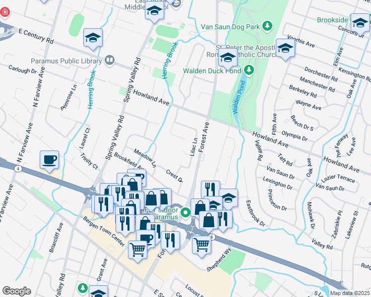 map of restaurants, bars, coffee shops, grocery stores, and more near 77 Lilac Lane in Paramus