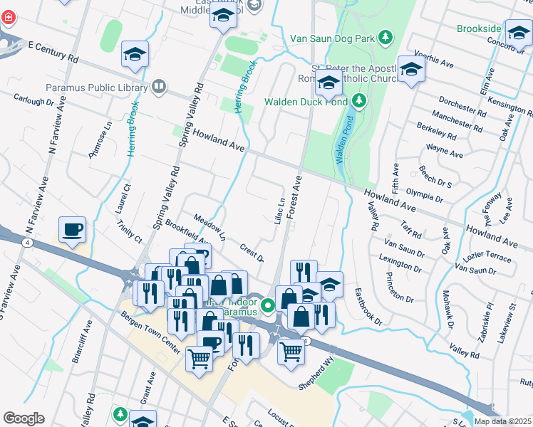 map of restaurants, bars, coffee shops, grocery stores, and more near 77 Lilac Lane in Paramus