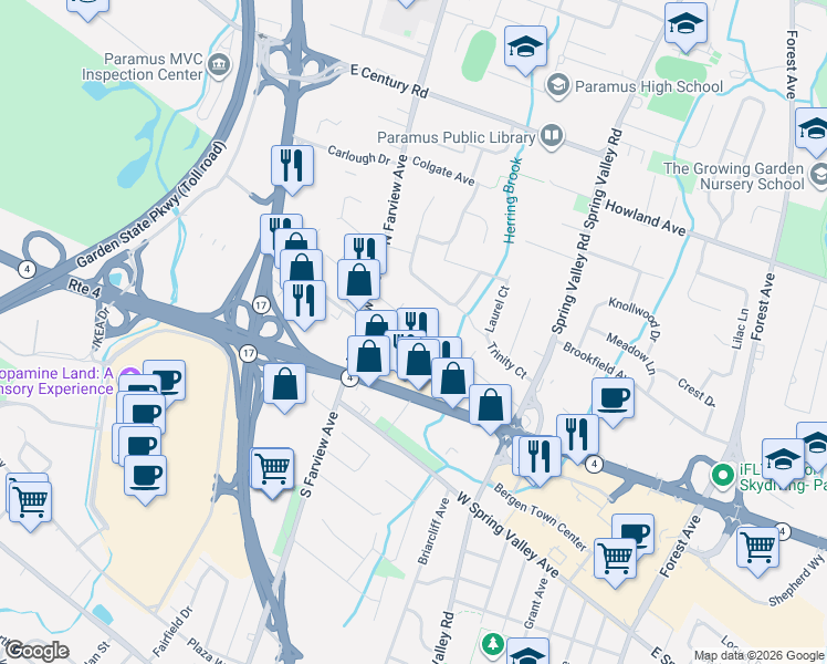 map of restaurants, bars, coffee shops, grocery stores, and more near 77 Prospect Street in Paramus
