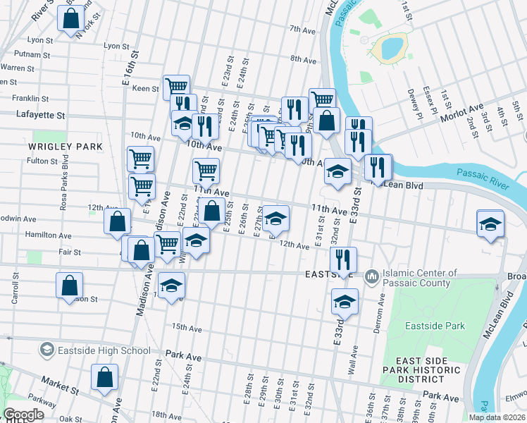 map of restaurants, bars, coffee shops, grocery stores, and more near 494 11th Avenue in Paterson