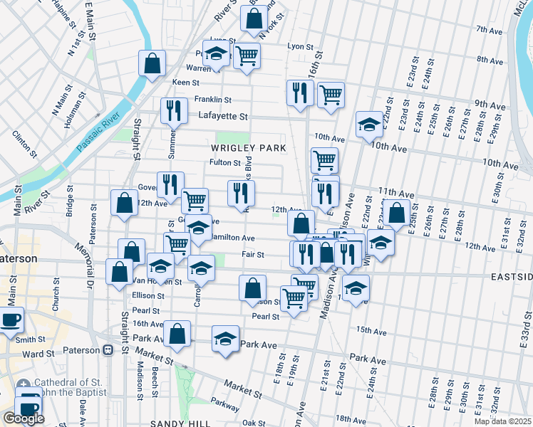 map of restaurants, bars, coffee shops, grocery stores, and more near 157 12th Avenue in Paterson