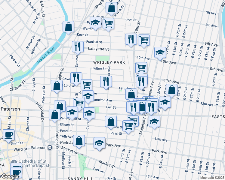 map of restaurants, bars, coffee shops, grocery stores, and more near 157 12th Avenue in Paterson