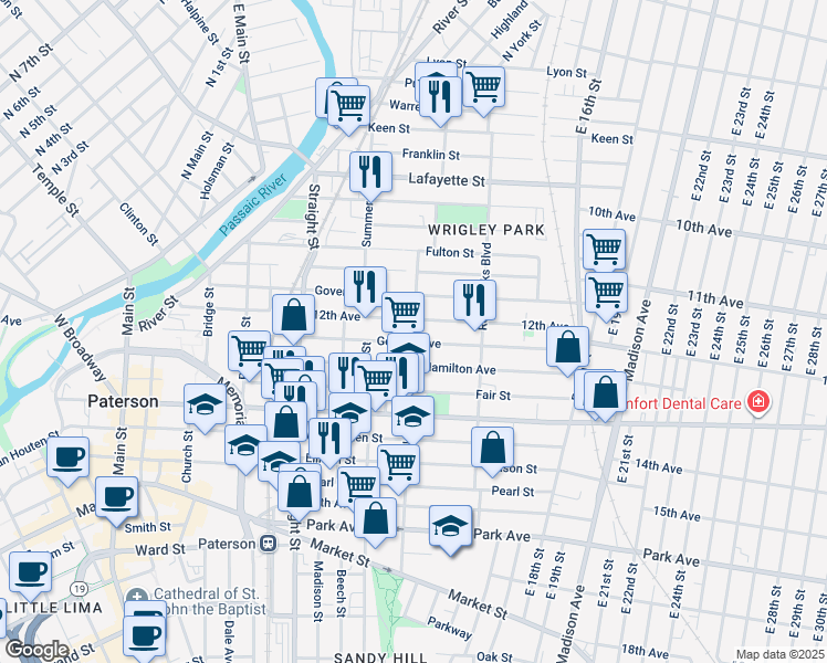 map of restaurants, bars, coffee shops, grocery stores, and more near 99 12th Avenue in Paterson