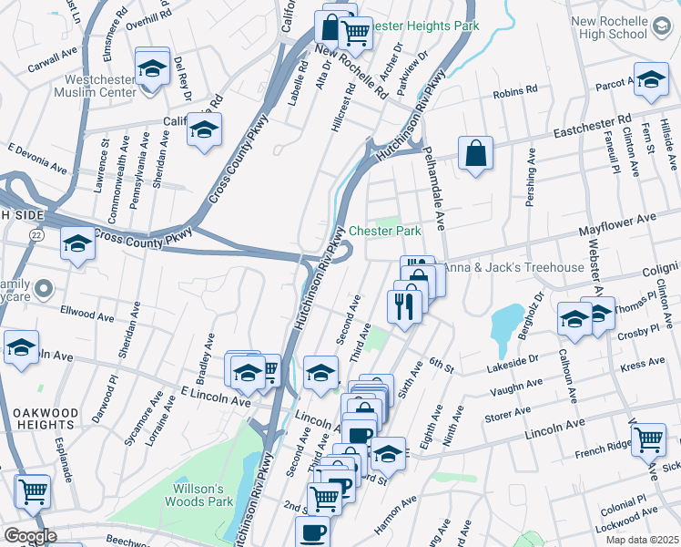 map of restaurants, bars, coffee shops, grocery stores, and more near 539 First Avenue in Village of Pelham