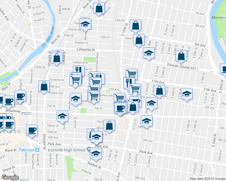map of restaurants, bars, coffee shops, grocery stores, and more near 200 12th Avenue in Paterson