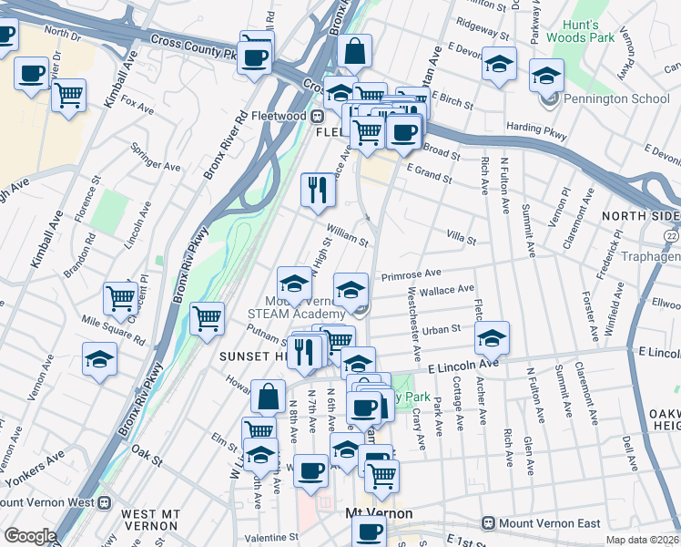 map of restaurants, bars, coffee shops, grocery stores, and more near 27 Linden Avenue in Mount Vernon