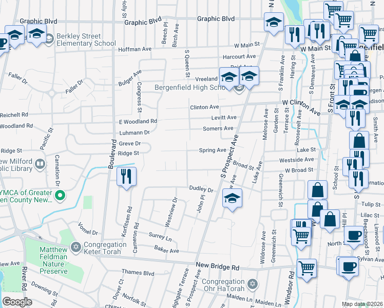 map of restaurants, bars, coffee shops, grocery stores, and more near 55 Spring Avenue in Bergenfield