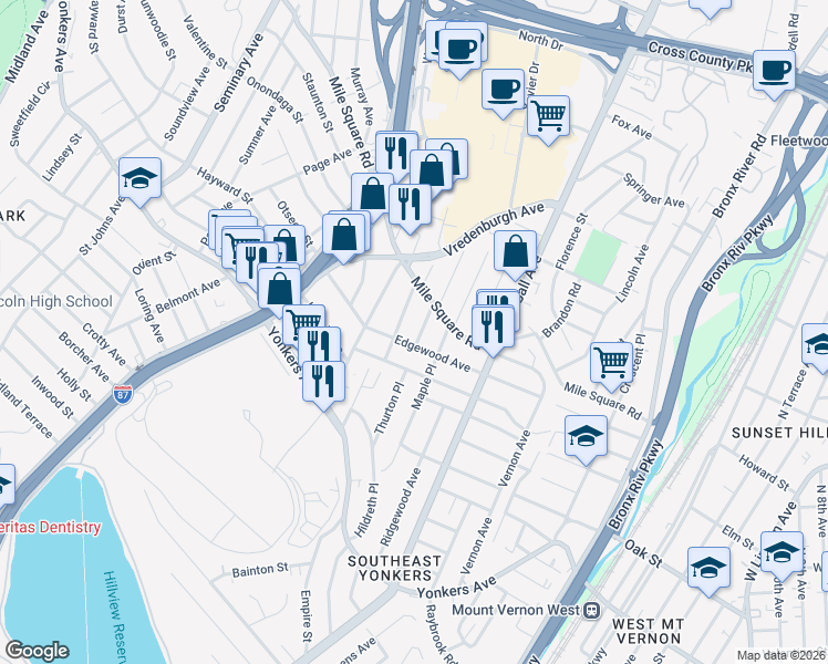 map of restaurants, bars, coffee shops, grocery stores, and more near 87 Thurton Place in Yonkers