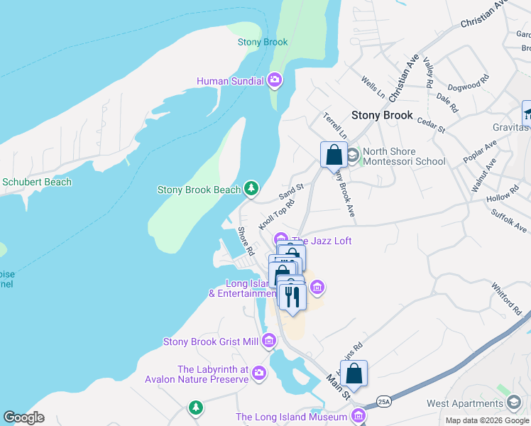 map of restaurants, bars, coffee shops, grocery stores, and more near 16 Sand Street in Stony Brook