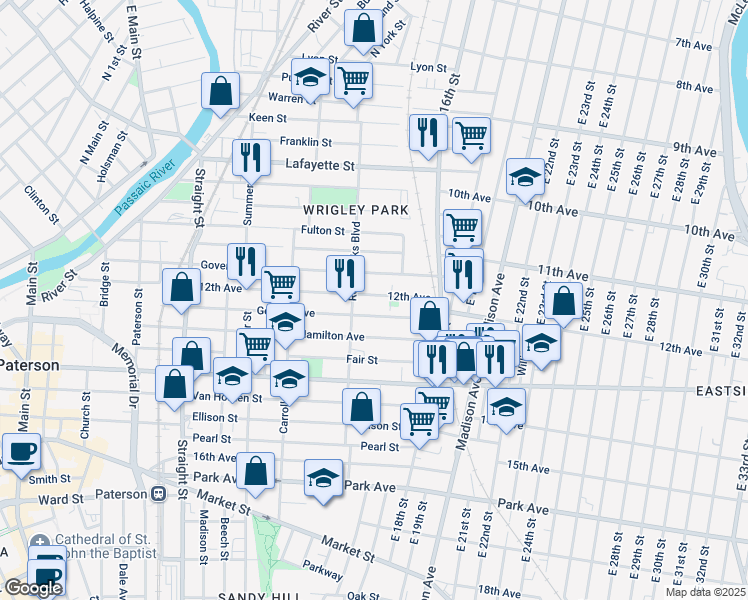 map of restaurants, bars, coffee shops, grocery stores, and more near 168 12th Avenue in Paterson