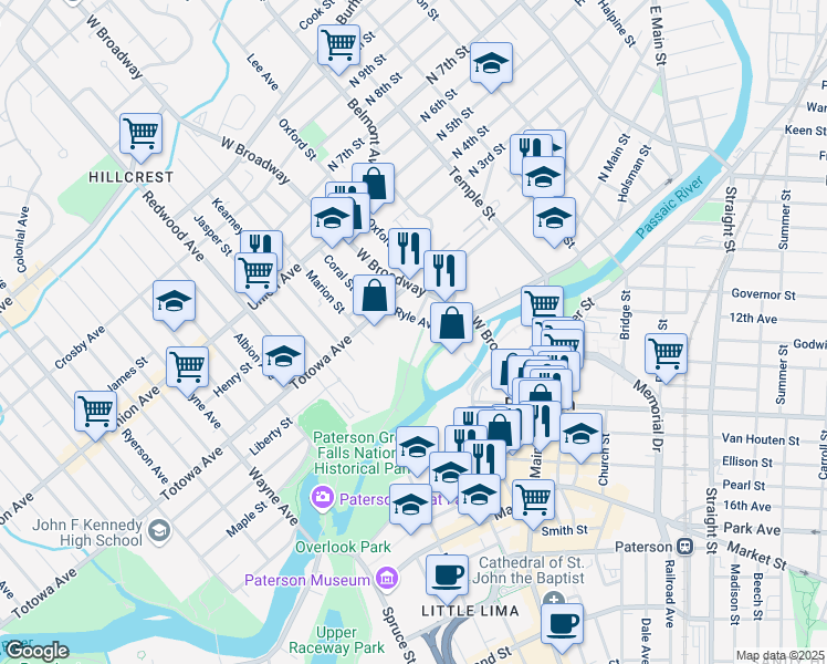 map of restaurants, bars, coffee shops, grocery stores, and more near 30 Ryle Avenue in Paterson
