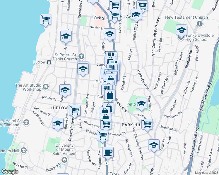 map of restaurants, bars, coffee shops, grocery stores, and more near 347b South Broadway in Yonkers