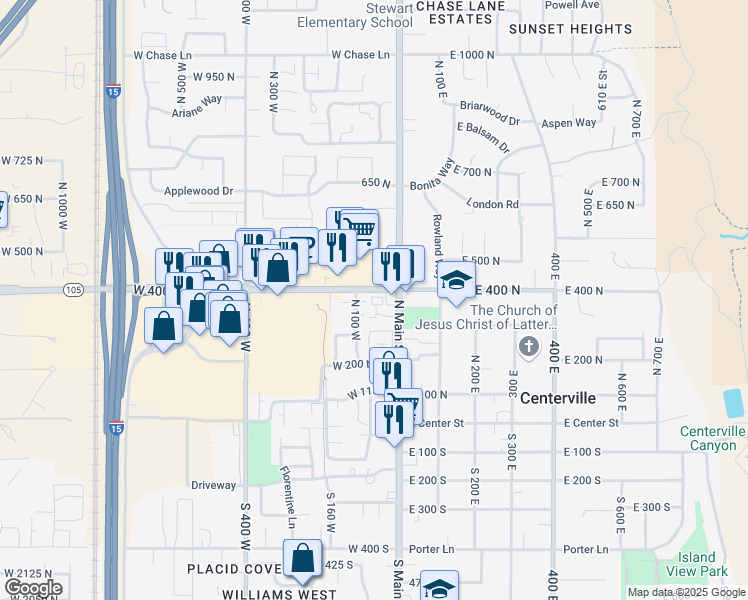 map of restaurants, bars, coffee shops, grocery stores, and more near 55 West 400 North in Centerville