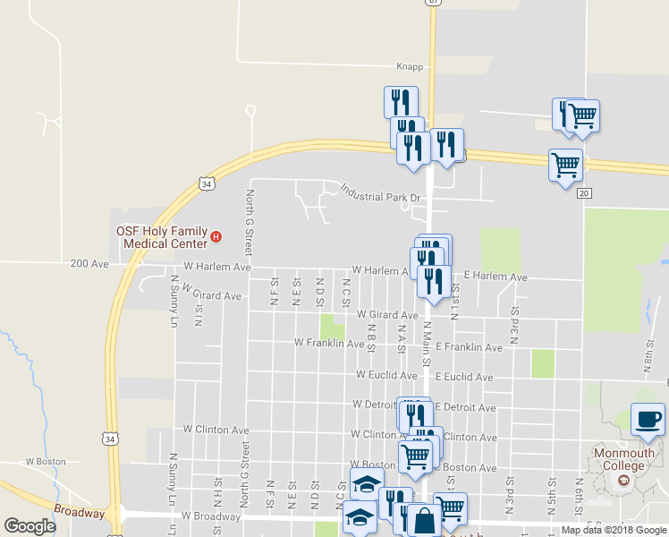 map of restaurants, bars, coffee shops, grocery stores, and more near 450 W Harlem Ave in Monmouth