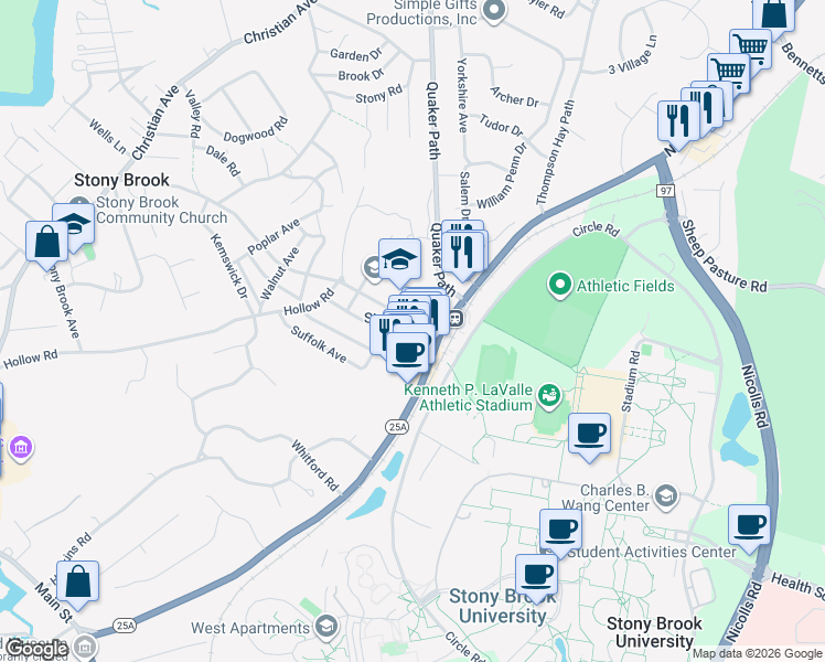 map of restaurants, bars, coffee shops, grocery stores, and more near 16 Cedar Street in Stony Brook
