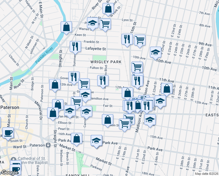 map of restaurants, bars, coffee shops, grocery stores, and more near 157 12th Avenue in Paterson