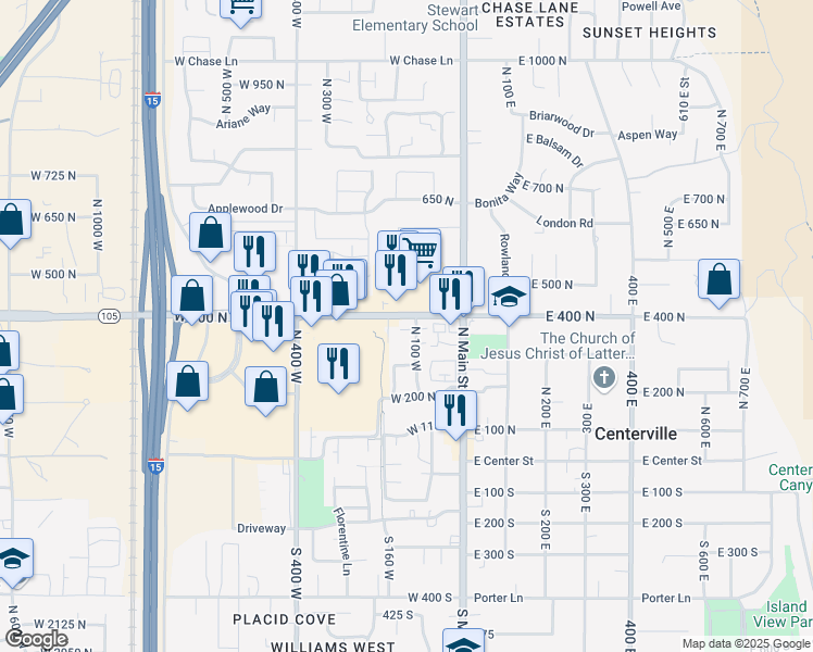 map of restaurants, bars, coffee shops, grocery stores, and more near 55 West 400 North in Centerville