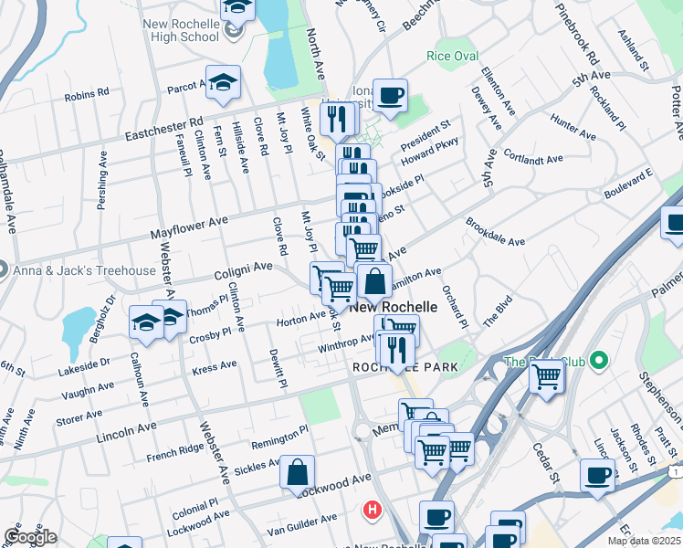 map of restaurants, bars, coffee shops, grocery stores, and more near 576 North Avenue in New Rochelle