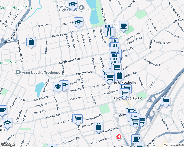 map of restaurants, bars, coffee shops, grocery stores, and more near 119 Coligni Avenue in New Rochelle