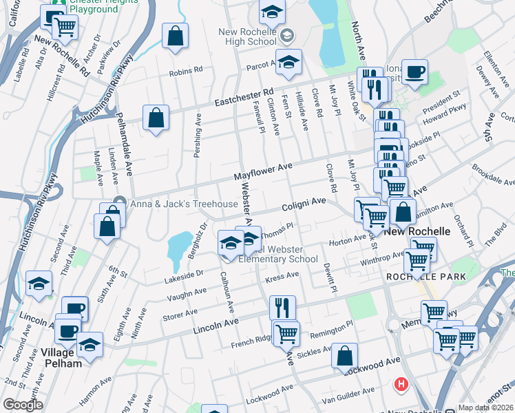 map of restaurants, bars, coffee shops, grocery stores, and more near 11 Schudy Place in New Rochelle