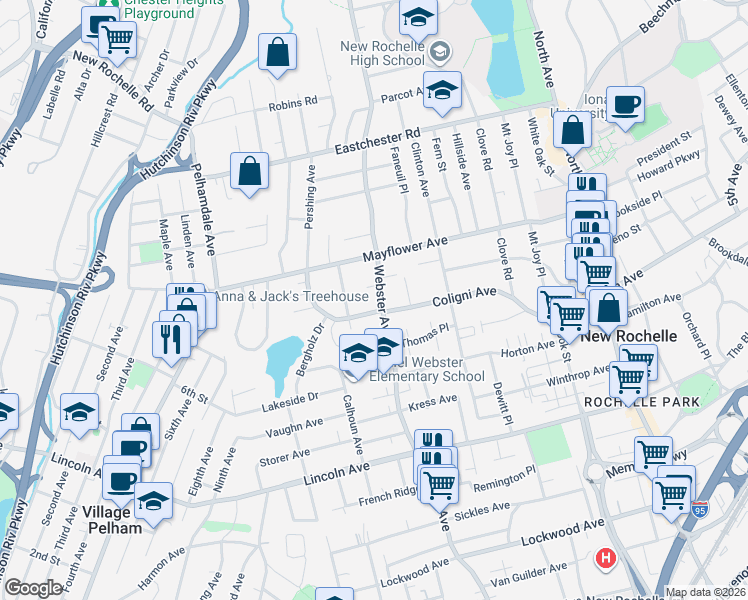 map of restaurants, bars, coffee shops, grocery stores, and more near 548 Webster Avenue in New Rochelle