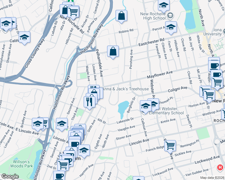 map of restaurants, bars, coffee shops, grocery stores, and more near 1 Glencar Avenue in New Rochelle