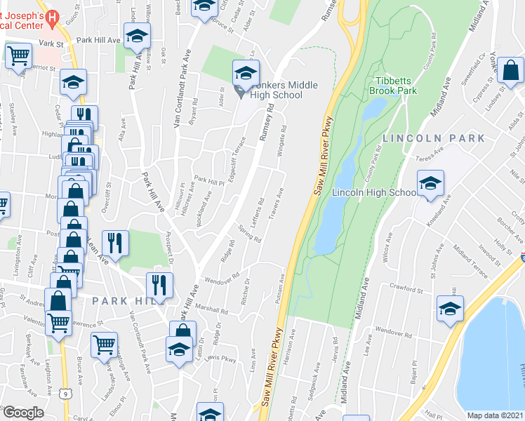 map of restaurants, bars, coffee shops, grocery stores, and more near 89 Quentin Charlton Terrace in Yonkers