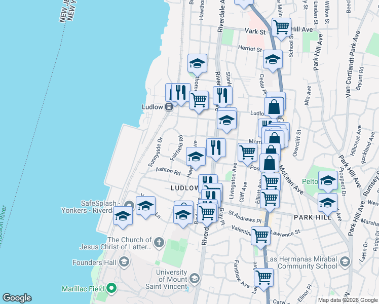 map of restaurants, bars, coffee shops, grocery stores, and more near 317 Hawthorne Avenue in Yonkers