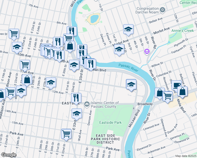 map of restaurants, bars, coffee shops, grocery stores, and more near 33 East 35th Street in Paterson