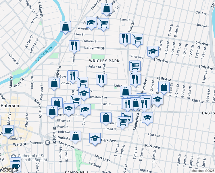 map of restaurants, bars, coffee shops, grocery stores, and more near 157 12th Avenue in Paterson