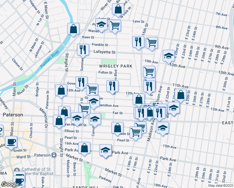 map of restaurants, bars, coffee shops, grocery stores, and more near 157 12th Avenue in Paterson