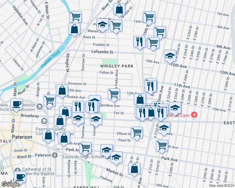 map of restaurants, bars, coffee shops, grocery stores, and more near 157 12th Avenue in Paterson