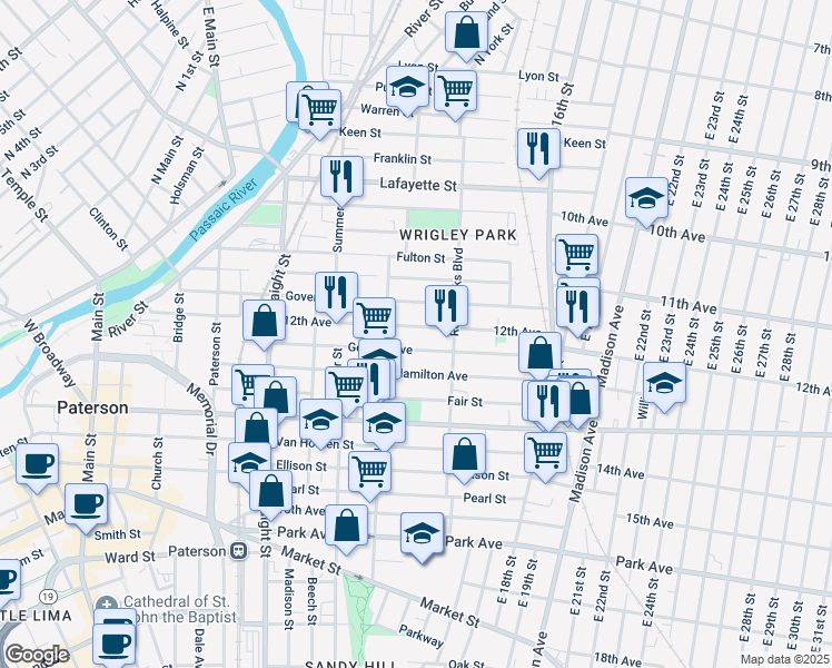 map of restaurants, bars, coffee shops, grocery stores, and more near 129 12th Avenue in Paterson