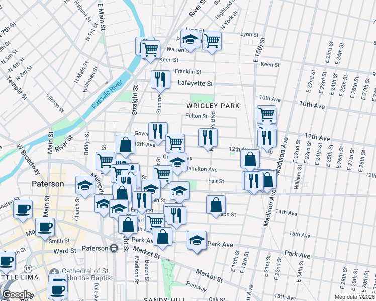 map of restaurants, bars, coffee shops, grocery stores, and more near 99 12th Avenue in Paterson