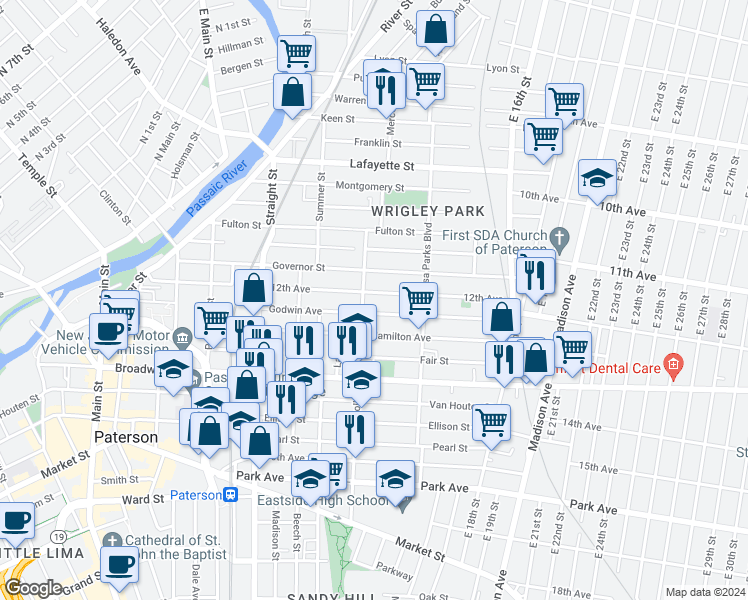 map of restaurants, bars, coffee shops, grocery stores, and more near 99 12th Avenue in Paterson