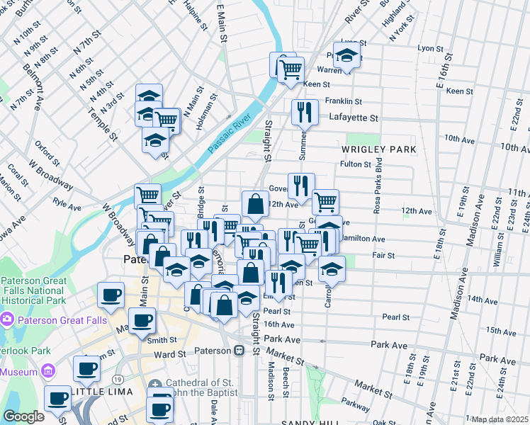 map of restaurants, bars, coffee shops, grocery stores, and more near 107 Straight Street in Paterson