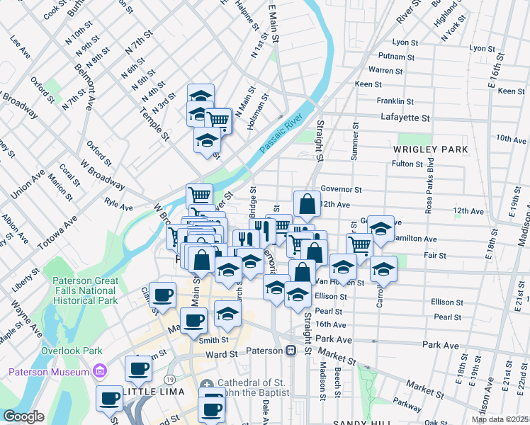map of restaurants, bars, coffee shops, grocery stores, and more near 136 Tyler Street in Paterson