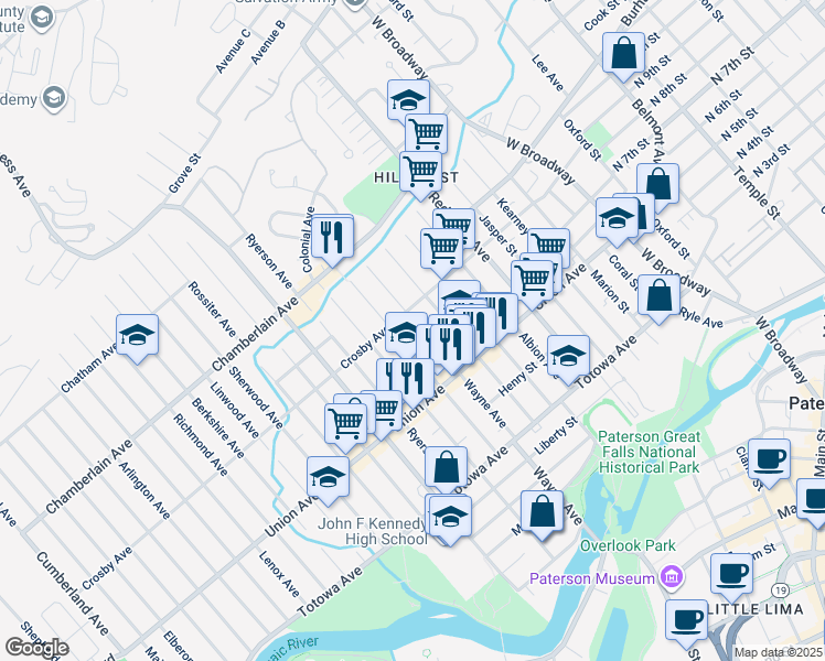 map of restaurants, bars, coffee shops, grocery stores, and more near 224 1/2 226 Wayne Avenue in Paterson