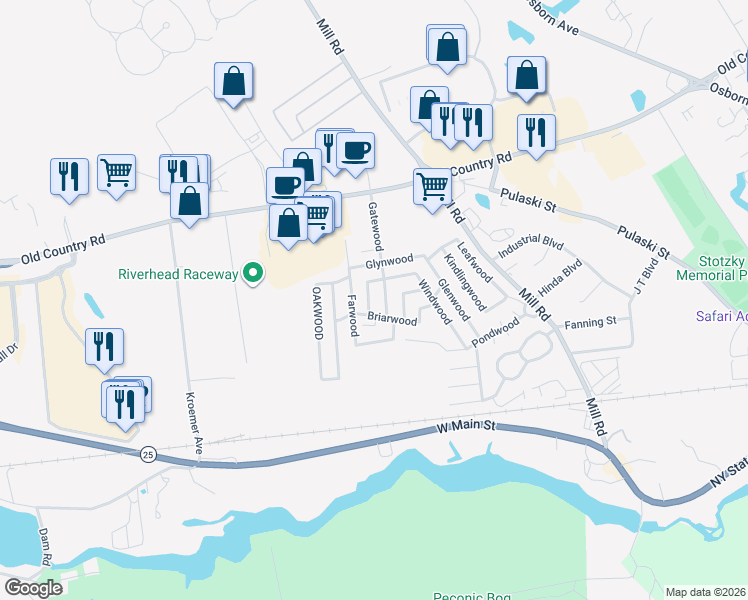 map of restaurants, bars, coffee shops, grocery stores, and more near 41 Gatewood in Riverhead