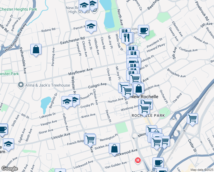 map of restaurants, bars, coffee shops, grocery stores, and more near 119 Coligni Avenue in New Rochelle