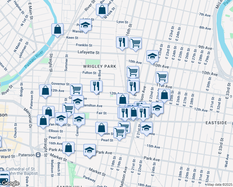 map of restaurants, bars, coffee shops, grocery stores, and more near 191 12th Avenue in Paterson