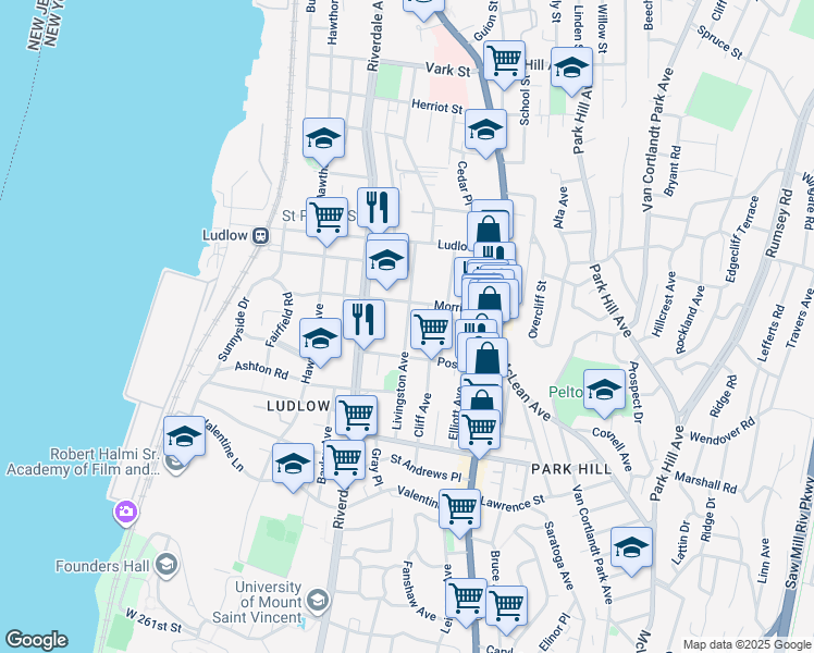 map of restaurants, bars, coffee shops, grocery stores, and more near Livingston Avenue in Yonkers