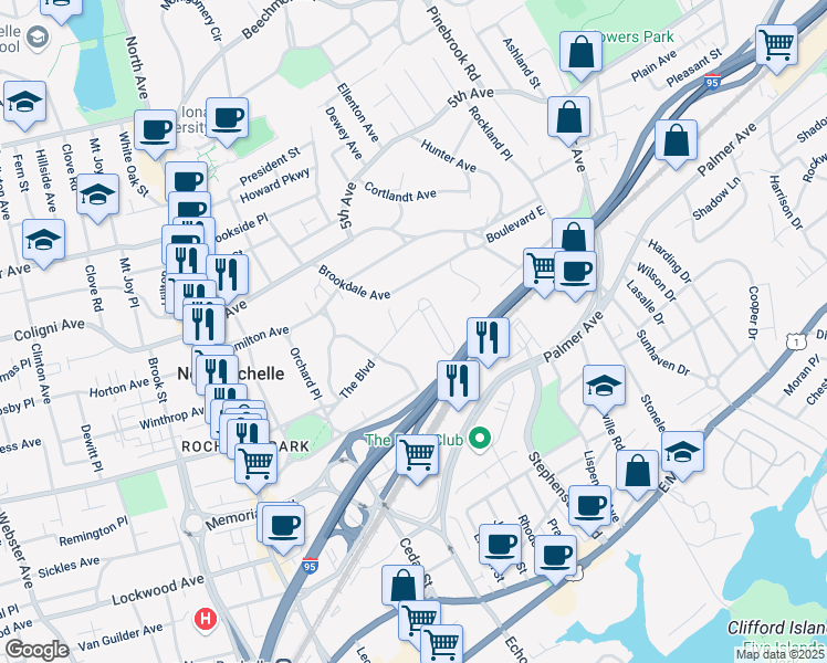 map of restaurants, bars, coffee shops, grocery stores, and more near 31 The Boulevard in New Rochelle